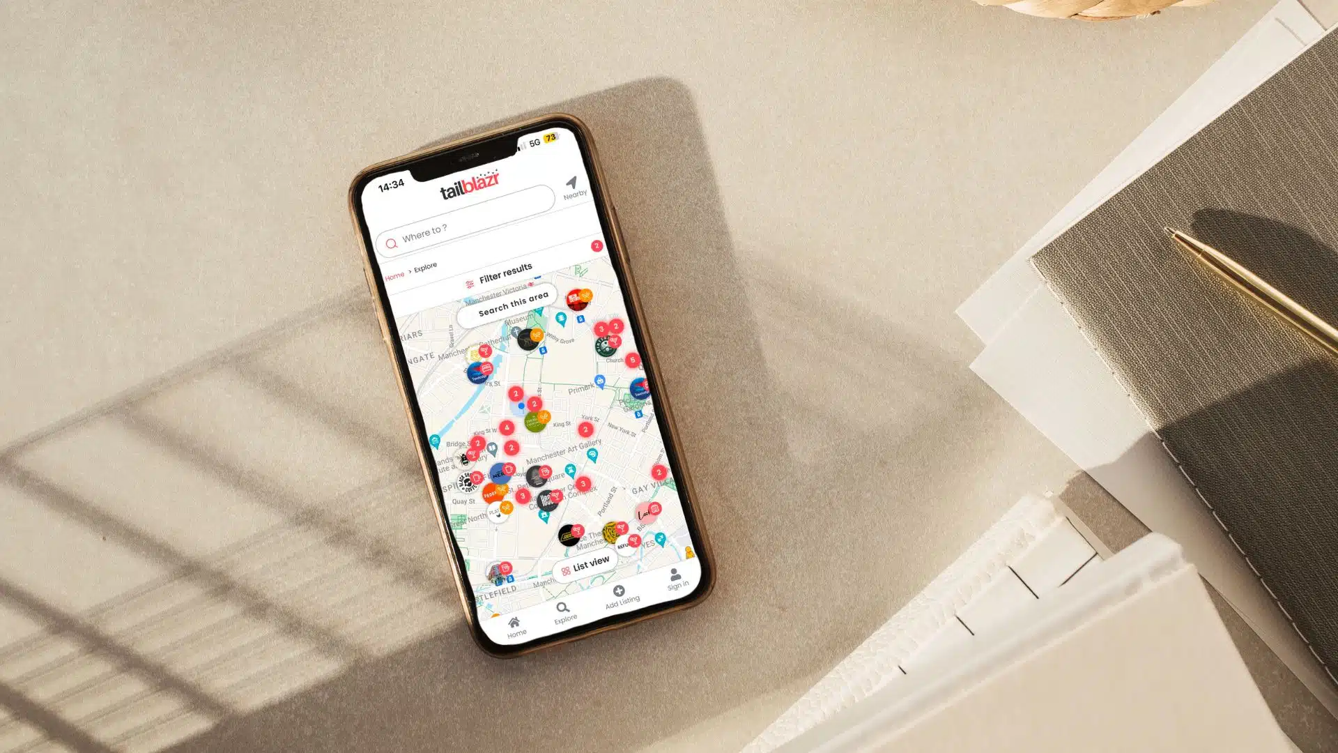 Smartphone displaying map with location markers